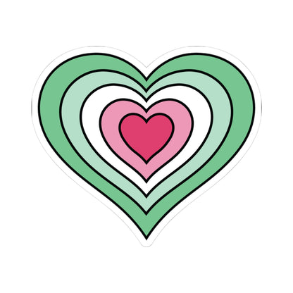 Heart-shaped abrosexual pride flag sticker featuring nested heart stripes in dark green, light green, white, pink, and dark pink, outlined with a thin black border and a white sticker border. The sticker is shown on a white background.