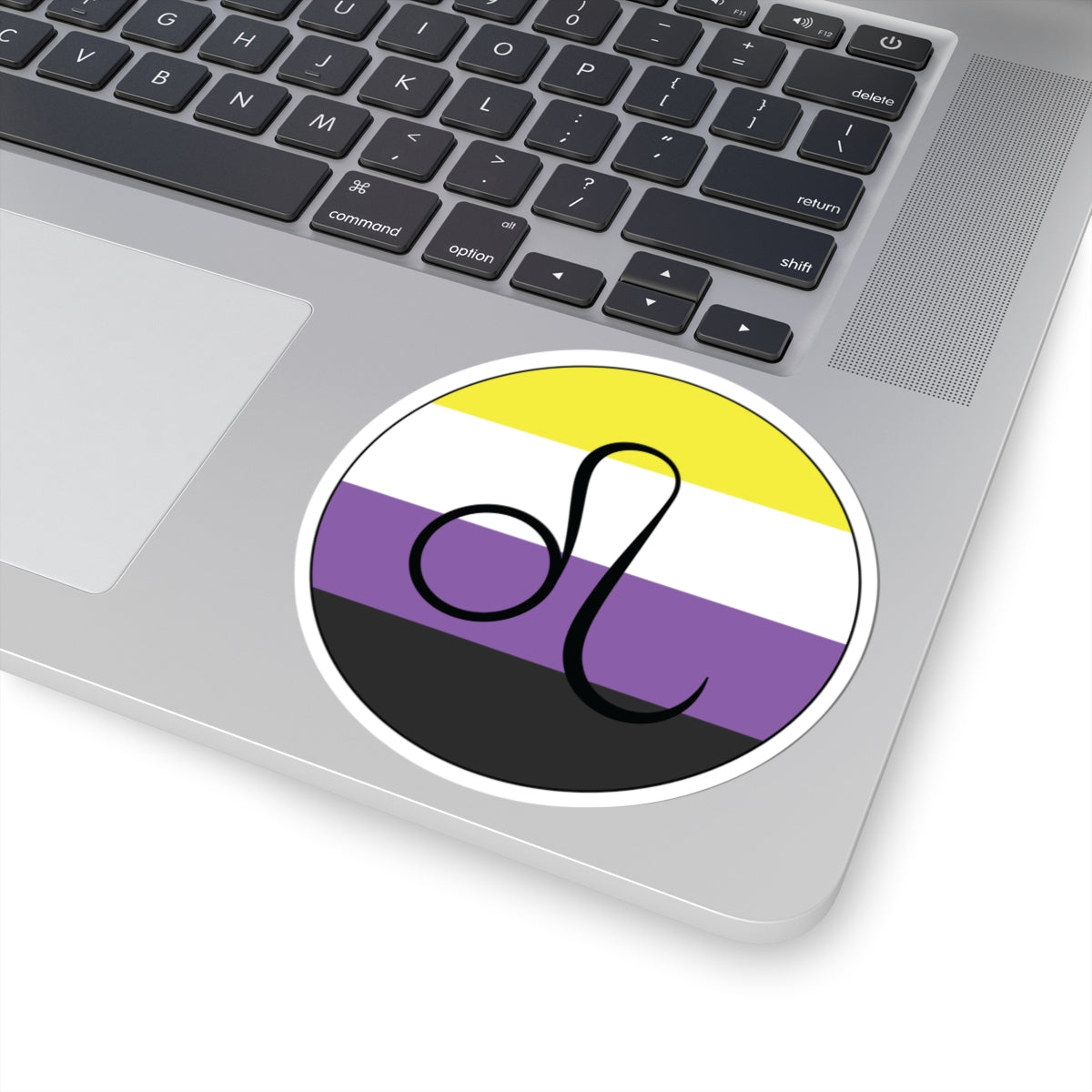 Close-up of the bottom right corner of a silver laptop featuring a 4 inch by 4 inch circular zodiac sticker with a centered Leo glyph on a Nonbinary pride flag style background applied to the surface.