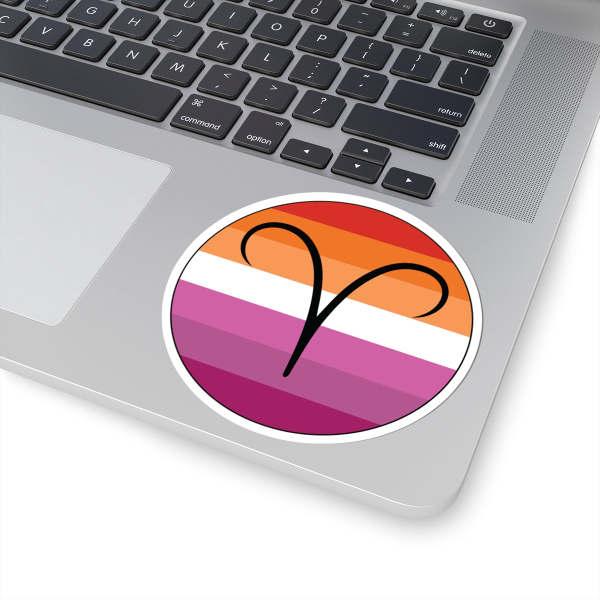 Close-up of the bottom right corner of a silver laptop featuring a 4 inch by 4 inch circular zodiac sticker with a centered Aires glyph on a Lesbian pride flag style background applied to the surface.