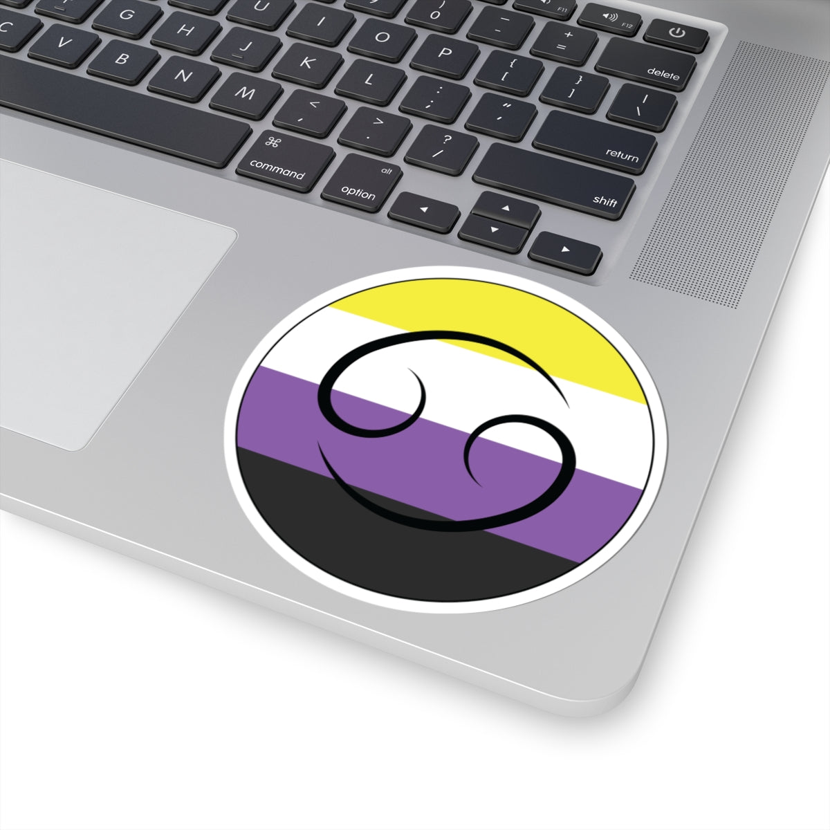 Close-up of the bottom right corner of a silver laptop featuring a 4 inch by 4 inch circular zodiac sticker with a centered Leo glyph on a Nonbinary pride flag style background applied to the surface.