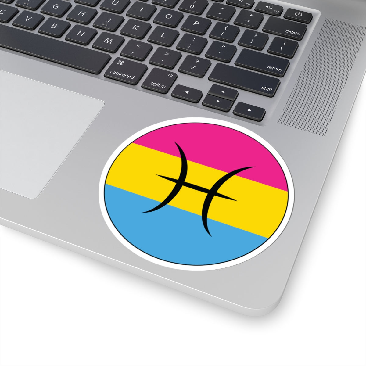 Close-up of the bottom right corner of a silver laptop featuring a 4 inch by 4 inch circular zodiac sticker with a centered Pisces glyph on a Pansexual pride flag style background applied to the surface.