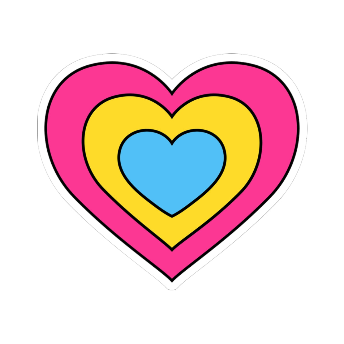Heart-shaped pansexual pride flag sticker featuring nested heart stripes in pink, yellow, and blue, outlined with a thin black border and a white sticker border. The sticker is shown on a white background.