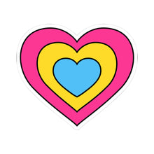 Heart-shaped pansexual pride flag sticker featuring nested heart stripes in pink, yellow, and blue, outlined with a thin black border and a white sticker border. The sticker is shown on a white background.