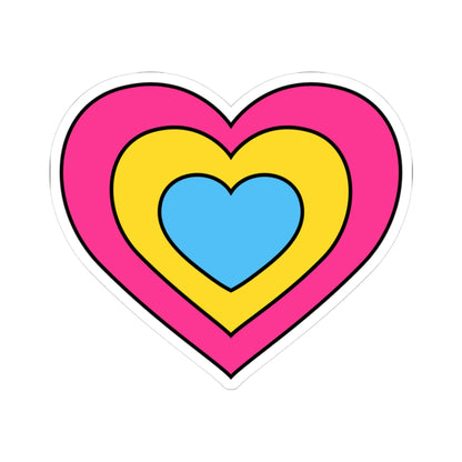 Heart-shaped pansexual pride flag sticker featuring nested heart stripes in pink, yellow, and blue, outlined with a thin black border and a white sticker border. The sticker is shown on a white background.