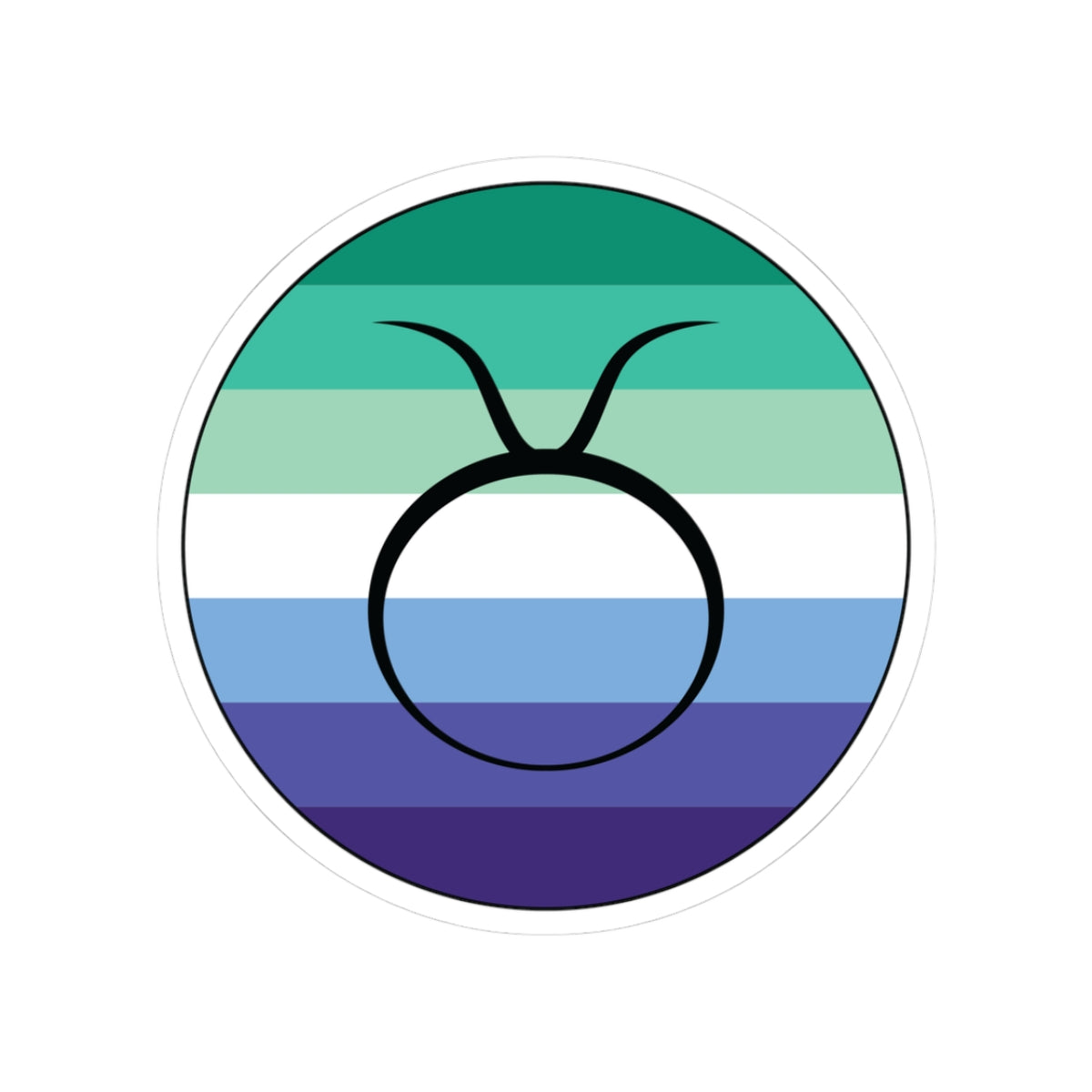 Circular gay men pride flag zodiac sticker with a thin black outline and white sticker border, featuring a centered black Taurus zodiac glyph. The sticker is shown on a white background.