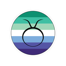 Circular gay men pride flag zodiac sticker with a thin black outline and white sticker border, featuring a centered black Taurus zodiac glyph. The sticker is shown on a white background.