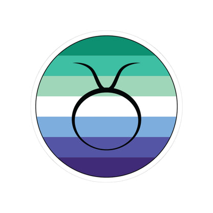 Circular gay men pride flag zodiac sticker with a thin black outline and white sticker border, featuring a centered black Taurus zodiac glyph. The sticker is shown on a white background.