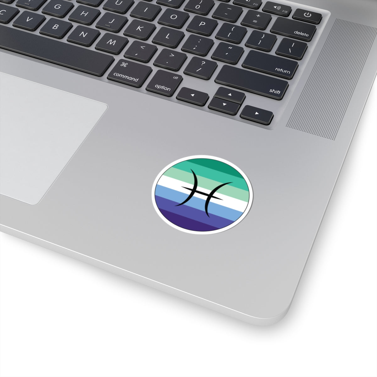 Close-up of the bottom right corner of a silver laptop featuring a 2 inch by 2 inch circular zodiac sticker with a centered Pisces glyph on a Gay Men pride flag style background applied to the surface.