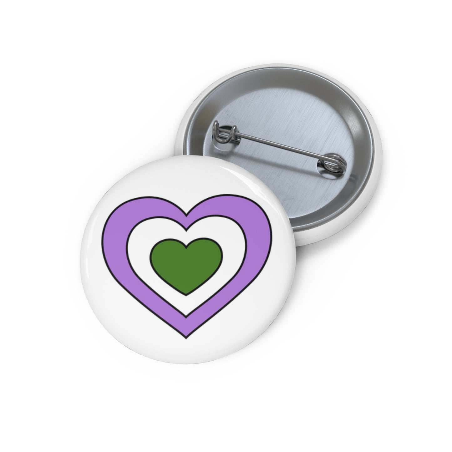 Front and back view of a white circular button with a heart-shaped genderqueer flag image. The button is shown on a white background.