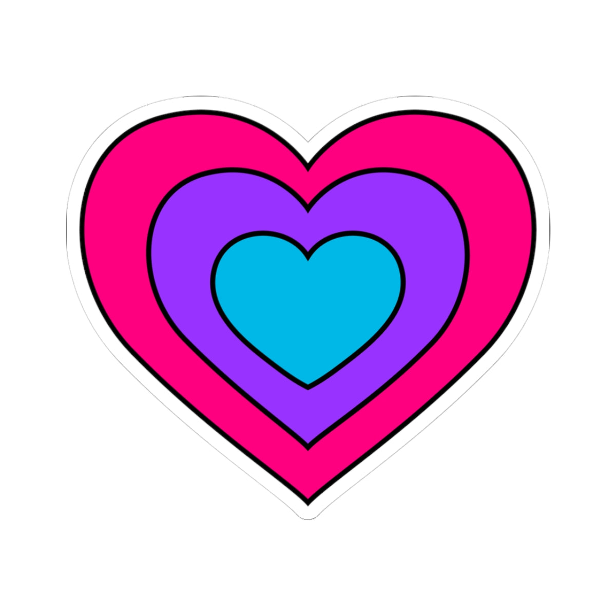 Heart-shaped androgyne pride flag sticker featuring nested heart stripes in pink, purple, and blue, outlined with a thin black border and a white sticker border. The sticker is shown on a white background.