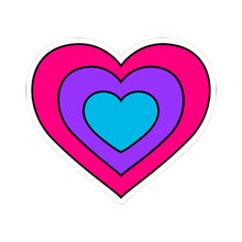 Heart-shaped androgyne pride flag sticker featuring nested heart stripes in pink, purple, and blue, outlined with a thin black border and a white sticker border. The sticker is shown on a white background.