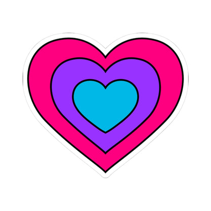 Heart-shaped androgyne pride flag sticker featuring nested heart stripes in pink, purple, and blue, outlined with a thin black border and a white sticker border. The sticker is shown on a white background.