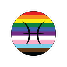 Circular progress pride flag zodiac sticker with a thin black outline and white sticker border, featuring a centered black Pisces zodiac glyph. The sticker is shown on a white background.
