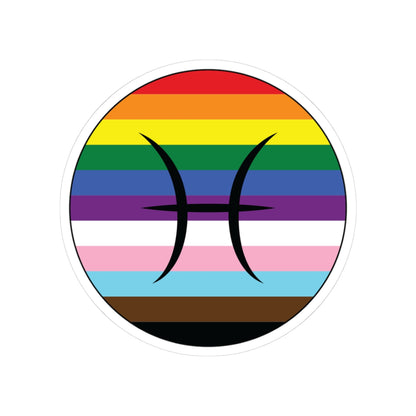 Circular progress pride flag zodiac sticker with a thin black outline and white sticker border, featuring a centered black Pisces zodiac glyph. The sticker is shown on a white background.