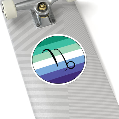 Close-up of the bottom of a silver skateboard featuring a 6 inch by 6 inch circular zodiac sticker with a centered Capricorn glyph on a Gay Men pride flag style background applied to the surface.