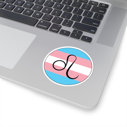 Close-up of the bottom right corner of a silver laptop featuring a 3 inch by 3 inch circular zodiac sticker with a centered Leo glyph on a Transgender pride flag style background applied to the surface.
