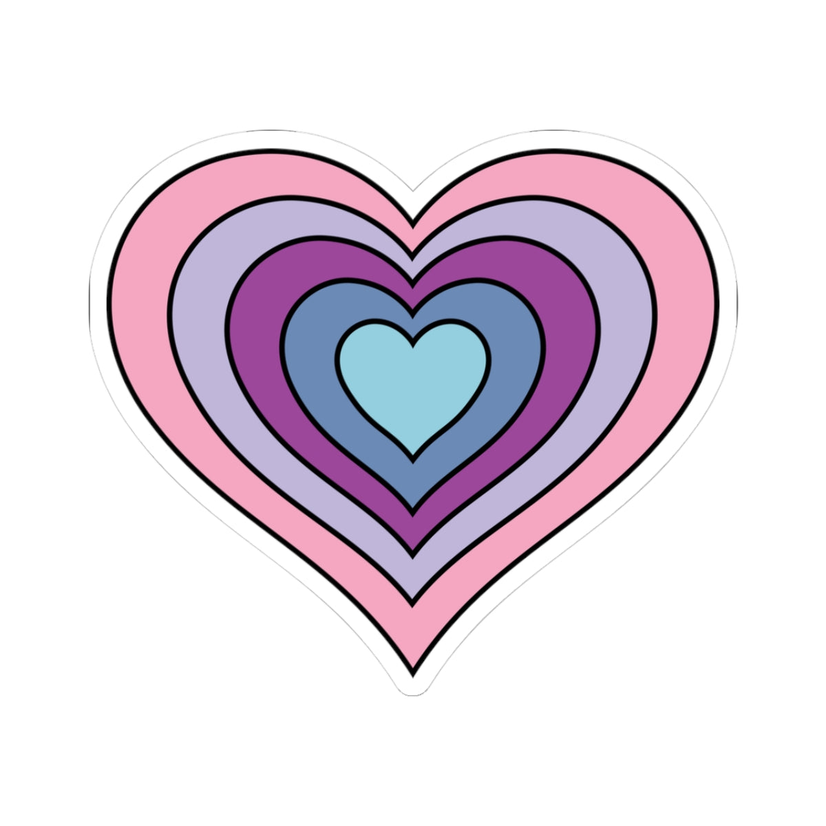 Heart-shaped omnigender pride flag sticker featuring nested heart stripes in pink, lavender, purple, blue, and light blue, outlined with a thin black border and a white sticker border. The sticker is shown on a white background.