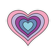 Heart-shaped omnigender pride flag sticker featuring nested heart stripes in pink, lavender, purple, blue, and light blue, outlined with a thin black border and a white sticker border. The sticker is shown on a white background.