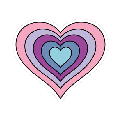 Heart-shaped omnigender pride flag sticker featuring nested heart stripes in pink, lavender, purple, blue, and light blue, outlined with a thin black border and a white sticker border. The sticker is shown on a white background.