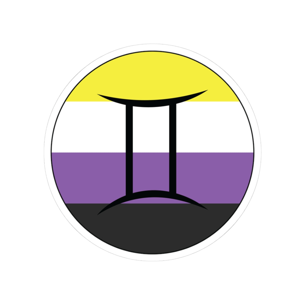 Circular nonbinary pride flag zodiac sticker with a thin black outline and white sticker border, featuring a centered black Gemini zodiac glyph. The sticker is shown on a white background.