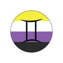 Circular nonbinary pride flag zodiac sticker with a thin black outline and white sticker border, featuring a centered black Gemini zodiac glyph. The sticker is shown on a white background.