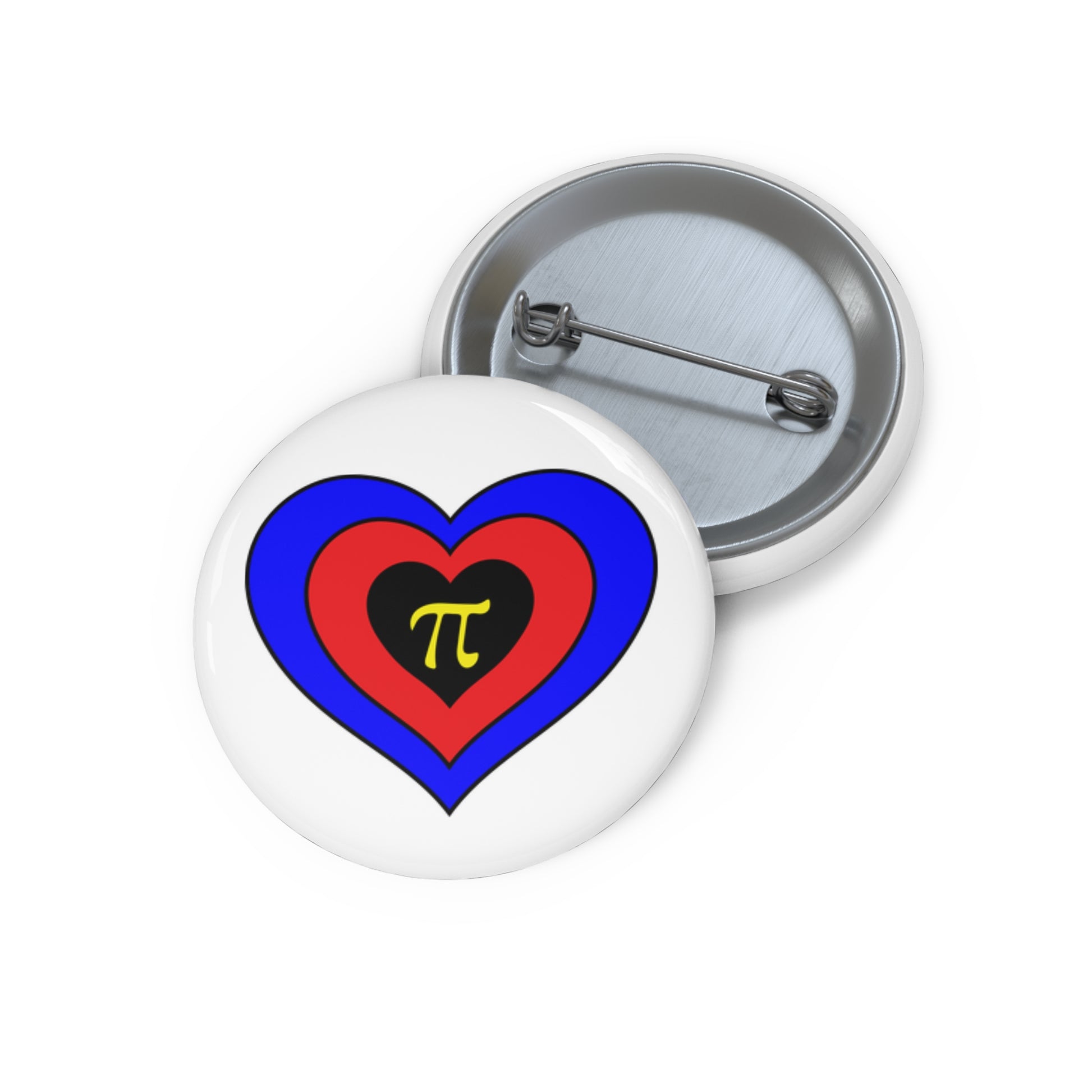 Front and back view of a white circular button with a heart-shaped polyamory flag image. The button is shown on a white background.