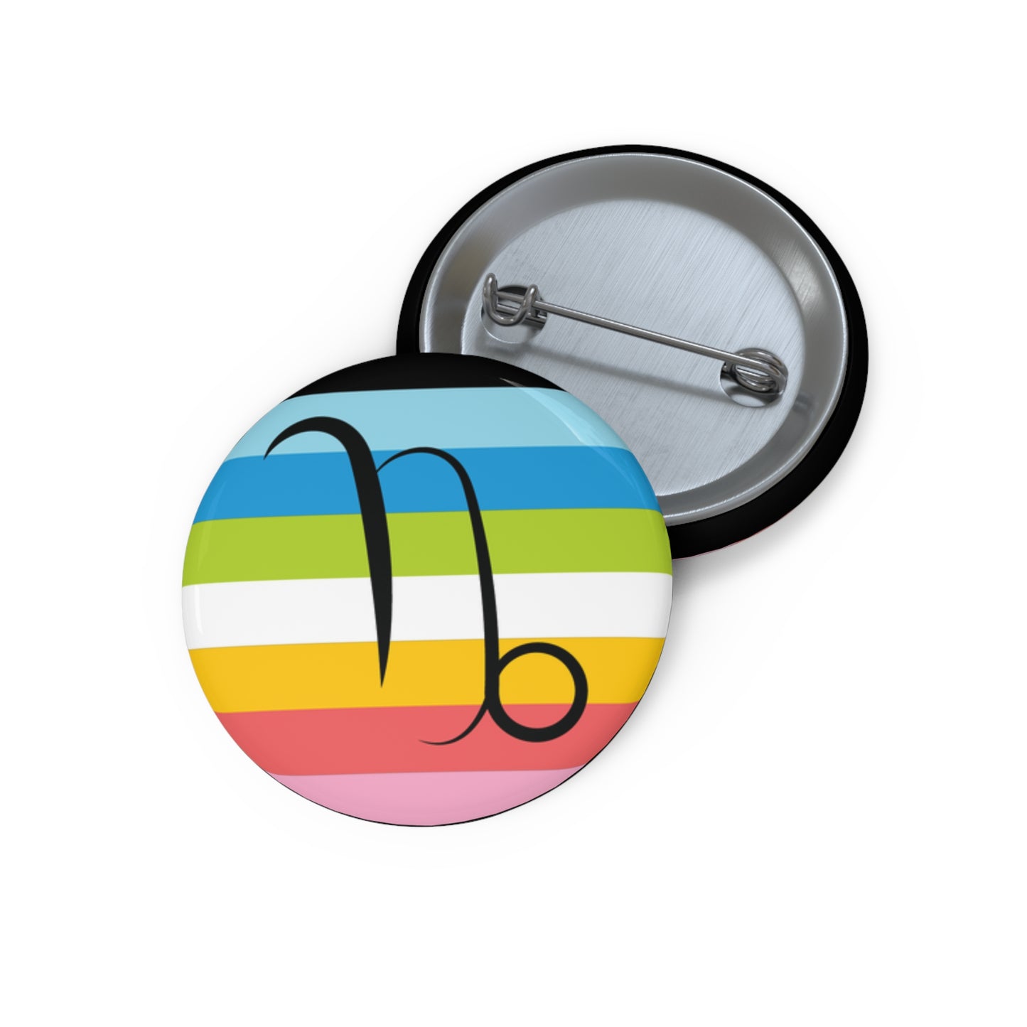 Front and back view of a circular queer pride flag button featuring the Capricorn zodiac symbol in black centered on the front.