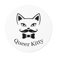 Circular Queer Kitty logo sticker featuring a stylized cat face with a curled mustache and a bow tie, with the words “Queer Kitty” curved below the design. The sticker has a white background. The sticker is shown here on a white background.
