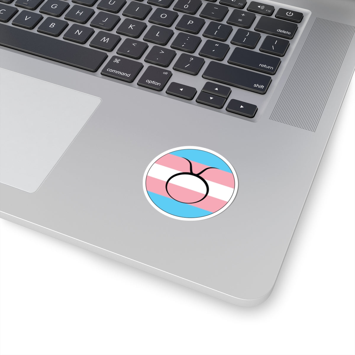 Close-up of the bottom right corner of a silver laptop featuring a 2 inch by 2 inch circular zodiac sticker with a centered Taurus glyph on a Transgender pride flag style background applied to the surface.