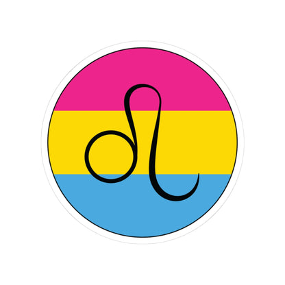 Circular pansexual pride flag zodiac sticker with a thin black outline and white sticker border, featuring a centered black Leo zodiac glyph. The sticker is shown on a white background.