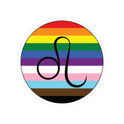 Circular progress pride flag zodiac sticker with a thin black outline and white sticker border, featuring a centered black Leo zodiac glyph. The sticker is shown on a white background.
