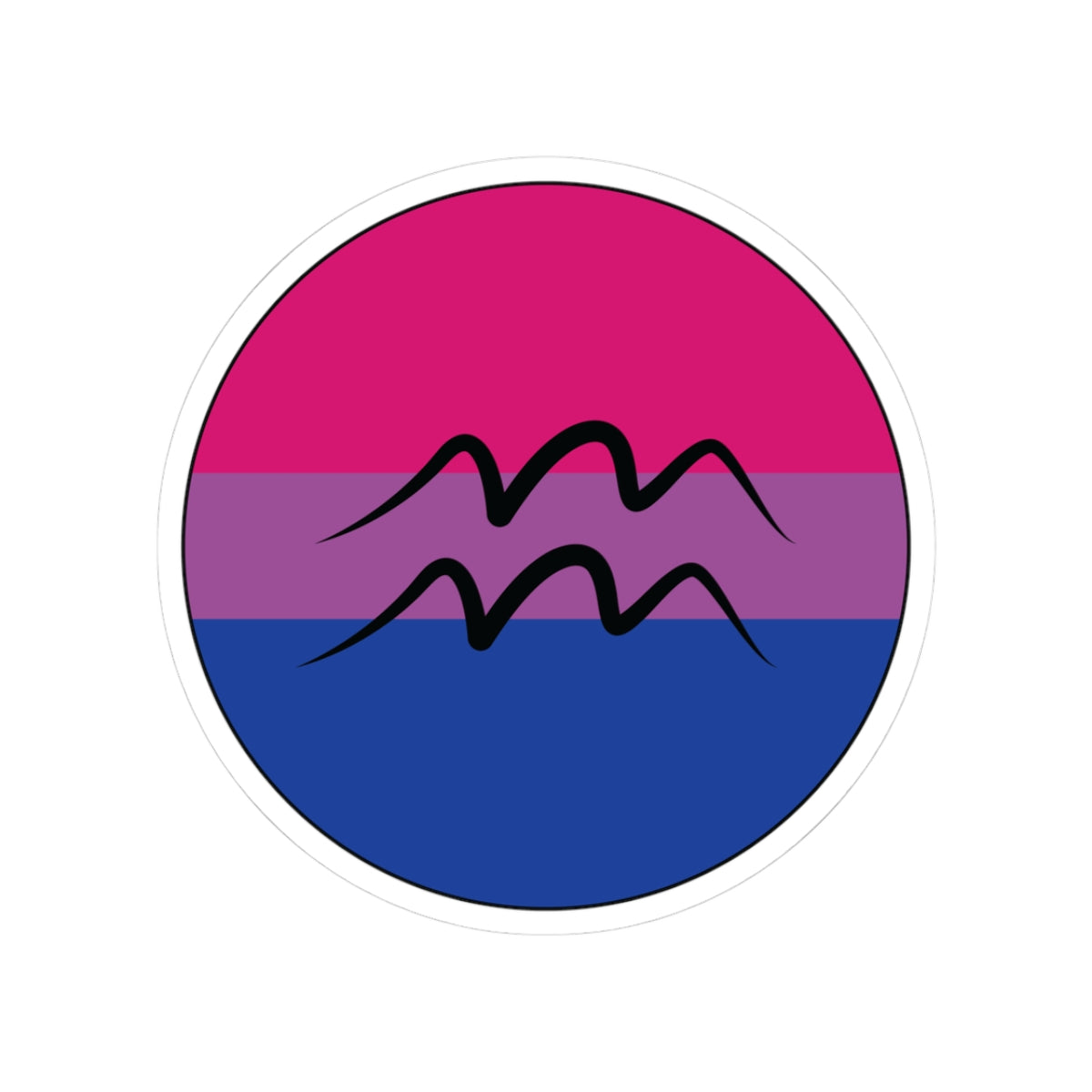Circular bisexual pride flag zodiac sticker with a thin black outline and white sticker border, featuring a centered black Aquarius zodiac glyph. The sticker is shown on a white background.