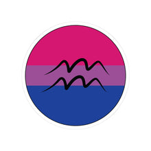 Circular bisexual pride flag zodiac sticker with a thin black outline and white sticker border, featuring a centered black Aquarius zodiac glyph. The sticker is shown on a white background.