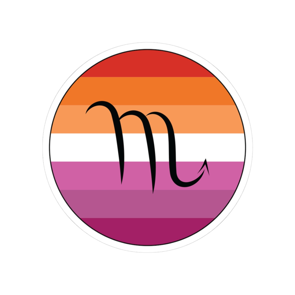 Circular lesbian pride flag zodiac sticker with a thin black outline and white sticker border, featuring a centered black Scorpio zodiac glyph. The sticker is shown on a white background.