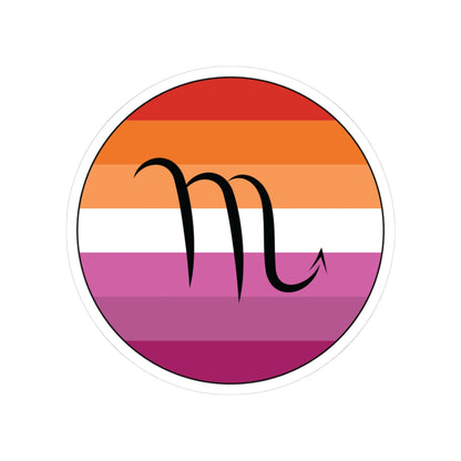 Circular lesbian pride flag zodiac sticker with a thin black outline and white sticker border, featuring a centered black Scorpio zodiac glyph. The sticker is shown on a white background.